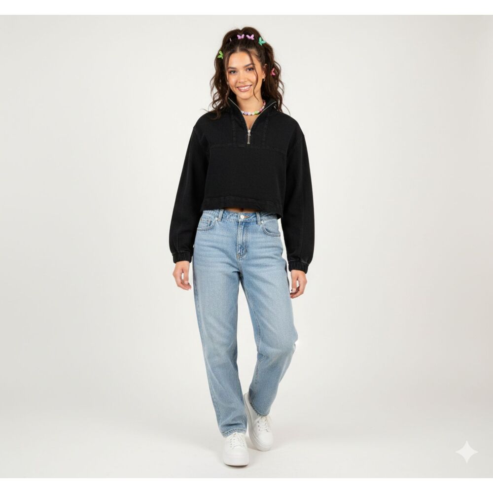 8th of LA Black Denim Cropped Pullover Jacket Quarter Zip Elastic Cuff Sz L